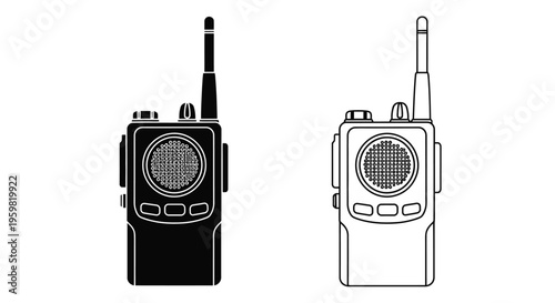Two walkie talkies shown in contrasting black and white line art