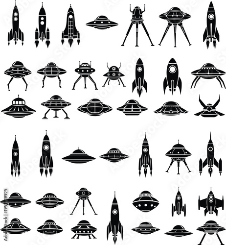 Collection of rocket and UFO silhouettes in grid design, futuristic spacecraft icons, space exploration concept, alien technology, astronomy, science fiction illustration
