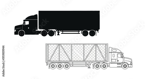 Black silhouette and line drawing of a large semi truck trailer
