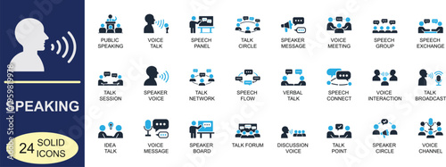 Professional speaking icon pack with voice, speech bubble and microphone symbols designed for presentations, podcasts, online meetings and communication interfaces in bold vector style.