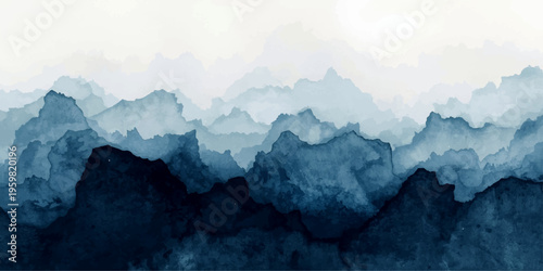 A breathtaking sunrise illuminates the mist and fog over the blue Alpine mountain peaks as morning light breaks across the forest valley and snow-capped peaks in this serene nature landscape