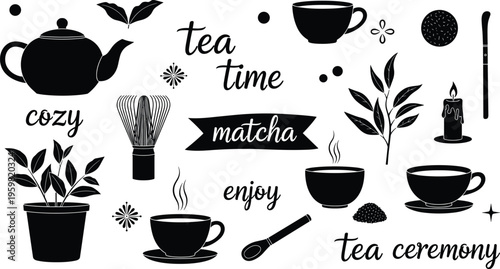 Tea ceremony set matcha elements teapot cup whisk leaves cozy typography black silhouette vector japanese culture illustration collection design