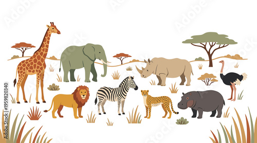 African Safari Animals Collection: Lion, Elephant, Giraffe, Zebra, Rhino, Hippo, Cheetah, Ostrich