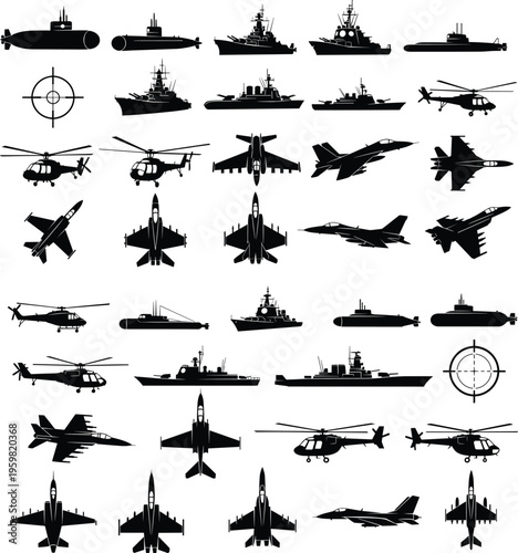 Military vehicles silhouettes including submarines, battleships, helicopters, fighter jets, targeting reticles, defense equipment icons, war strategy, aviation, navy, army illustration