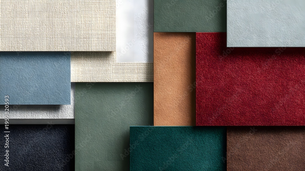 Fototapeta premium Minimalist material texture swatch board with diverse fabric and stone samples