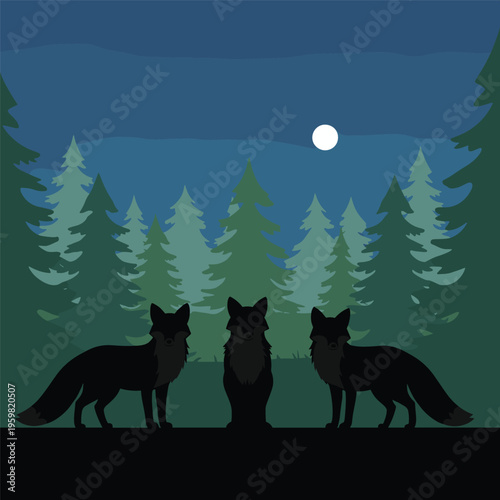 Three black wolves standing together outside.