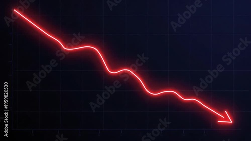 Declining financial stock market graph with red neon line on dark background