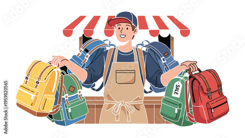 Backpack Seller: A cheerful salesperson showcases colorful backpacks in front of a market stall, a vibrant illustration perfect for school supplies or retail concepts.