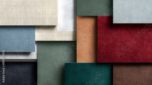 Minimalist material texture swatch board with diverse fabric and stone samples