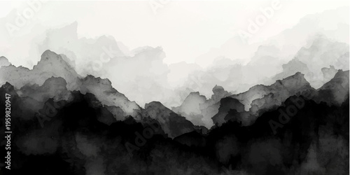 A majestic morning mountain landscape shrouded in misty fog as the sun rises over a valley of forest trees under a blue sky with soft sunlight