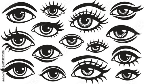 Hand drawn collection of diverse eyes with lashes and eyebrows