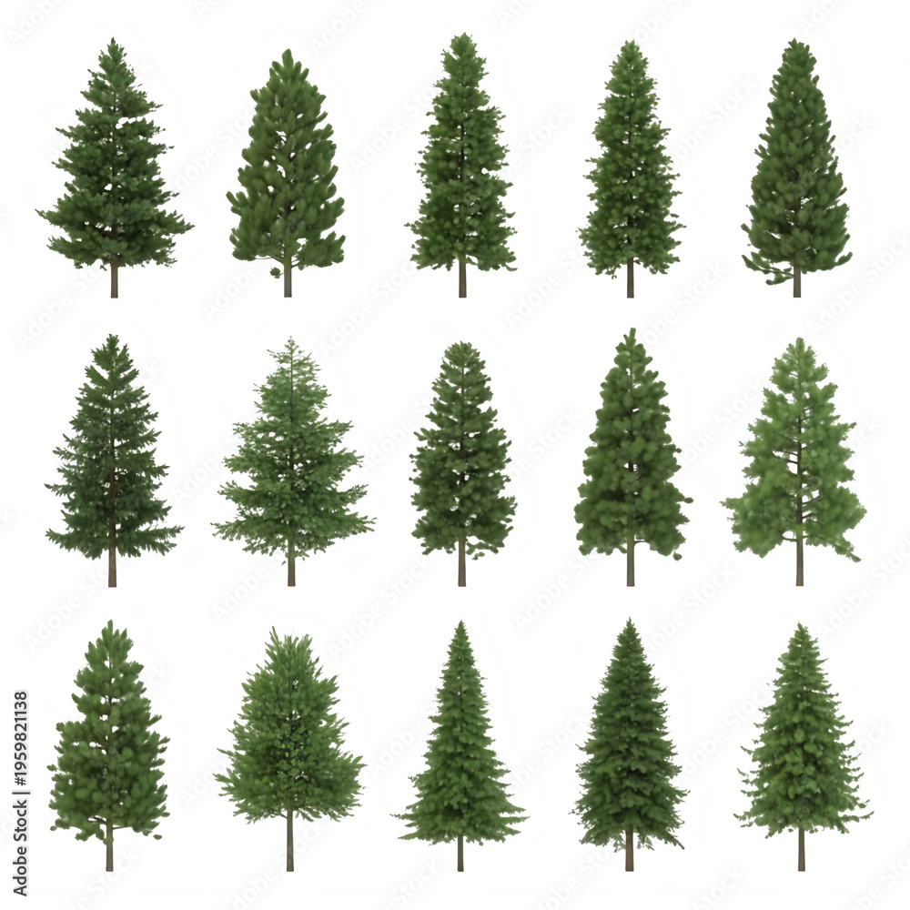 Obraz premium A collection of pine trees with varying shapes and sizes