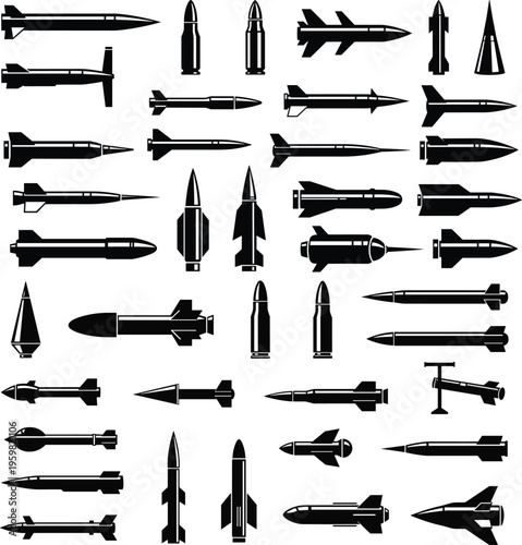 Silhouettes of missiles, rockets, projectiles, guided and unguided designs, military ordnance, aerospace engineering, weapon technology, conceptual illustration pack for creative projects