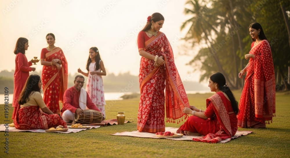 Fototapeta premium Indian women in red saris celebrating a festival outdoors isolated on Transparent Background