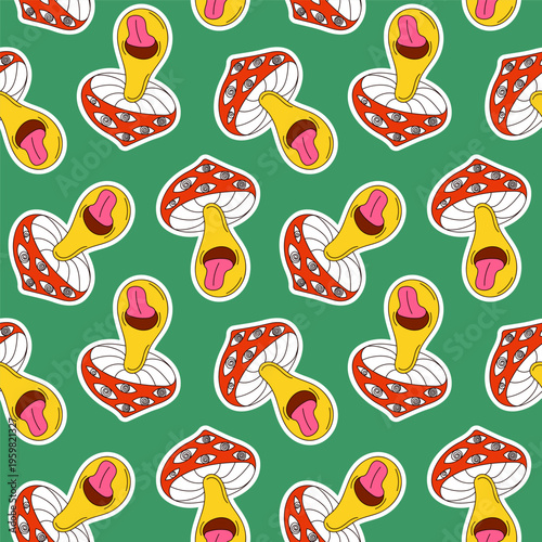 Seamless pattern of colorful psychedelic mushroom with eyes and protruding tongue on a green background in groovy cartoon.