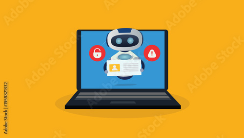 AI Identity Verification Security Robot Holding ID Card on Laptop Screen