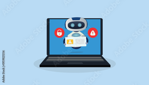 AI Identity Verification Security Robot Holding ID Card on Laptop Screen