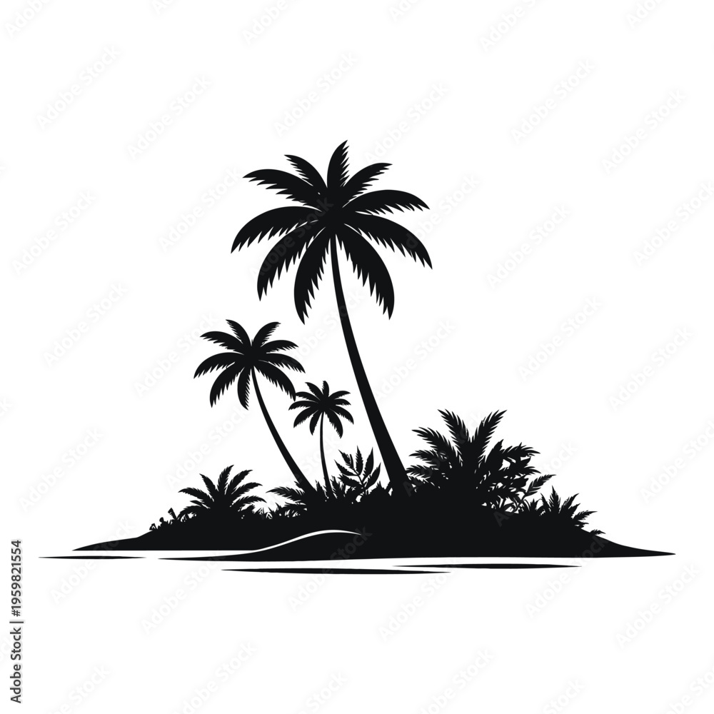 Fototapeta premium Tropical Island Palm Trees Silhouette Summer Beach Vector