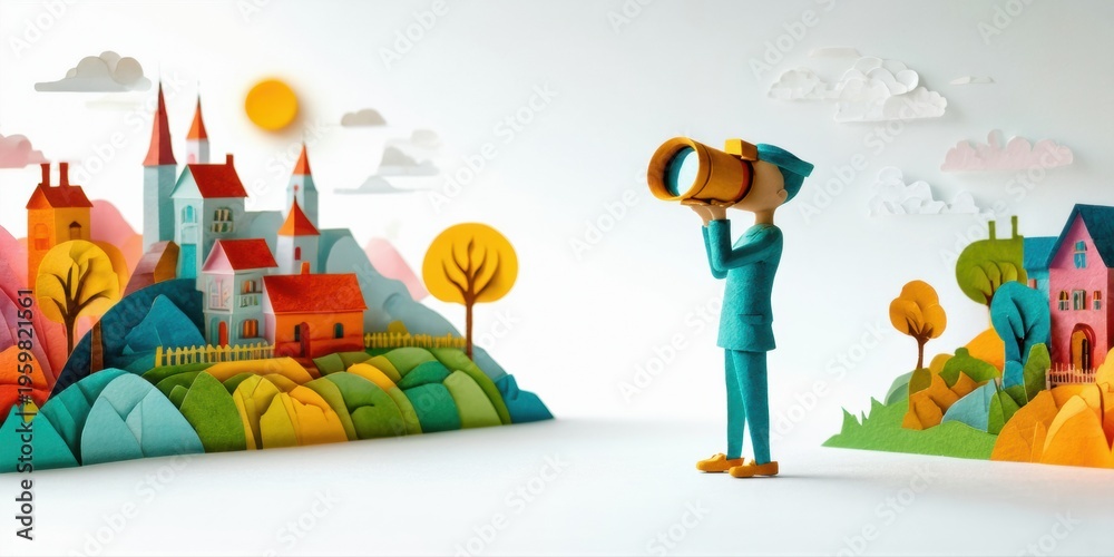 Fototapeta premium Colorful papercraft scene depicts person viewing distant town. Bright buildings, hills, sun create whimsical landscape. Minimalist style.