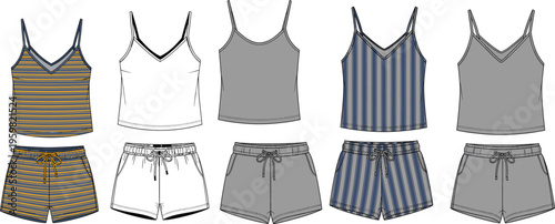 Women sleepwear set camisole and shorts front view vector illustration cozy loungewear nightwear fashion template striped patterned modern comfortable apparel design