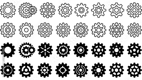 Industrial gear icon set, 32 mechanical cogwheel vector elements, black outline and solid gear symbols for engineering and technology