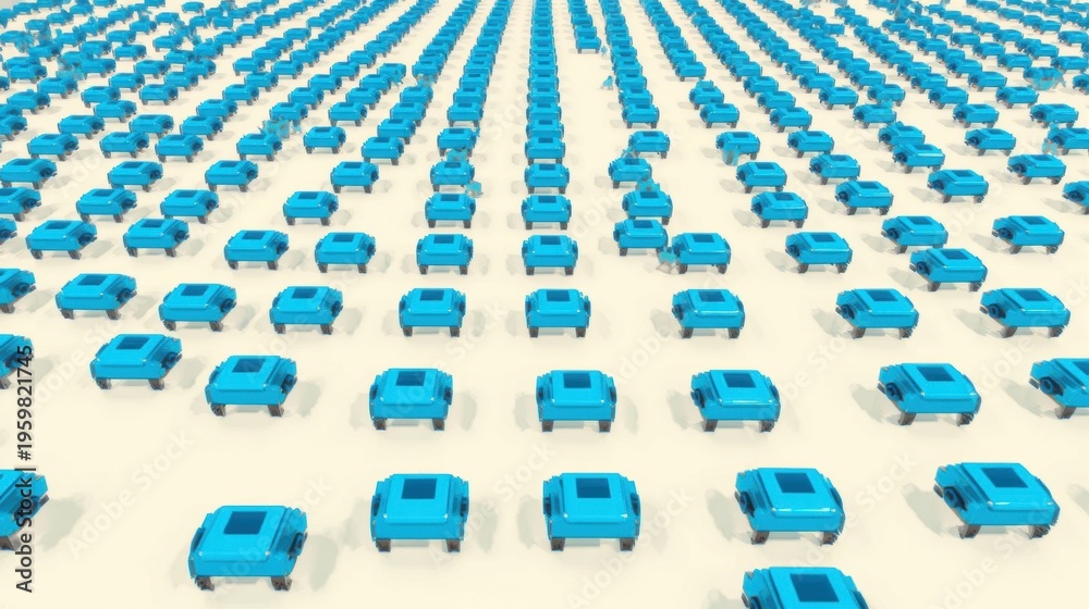 Fototapeta premium Blue toy cars arranged in grid pattern. Perspective creates vanishing point effect. Minimalist design, clean aesthetic.
