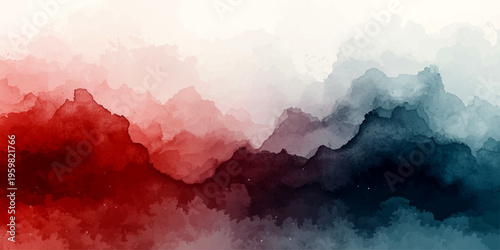 Abstract red watercolor background featuring a sunset view of a snowy mountain peak and nature landscape with aerial clouds and fog over a cold winter forest
