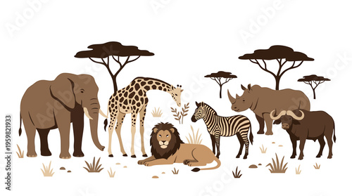 African Safari Animals Group Illustration: Elephant, Giraffe, Lion, Zebra, Rhino, Buffalo