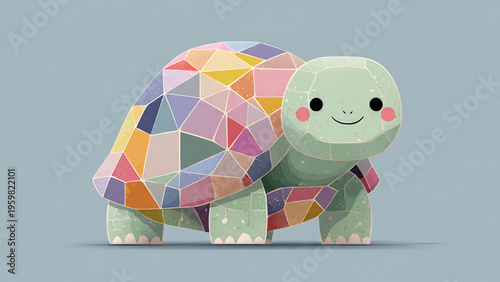 Delightful illustration of a cheerful turtle, featuring a stunning shell crafted from a mosaic of bright, geometric patterns, presented in a clean, artistic style