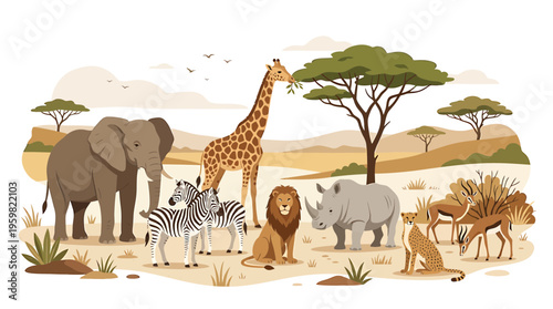 African Safari Animals Herd in Savannah Landscape, Wildlife Scene