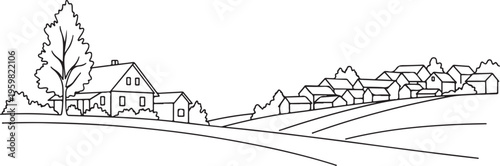 Hand drawn illustration of a quaint village landscape with rolling hills