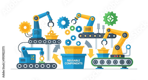 Circular Economy Manufacturing Process with Robotic Arms. Sustainable Production, Reusable Components, and Industrial Automation Concept Illustration.