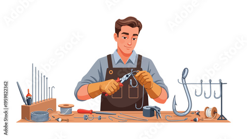 Craftsman at Work: A skilled craftsman meticulously works on delicate metal components, crafting a hook with precision and care, showcasing his expertise.