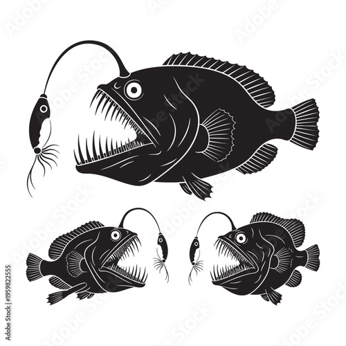 Deep Sea Anglerfish Three Pose Lure Jaw Silhouette Vector Set