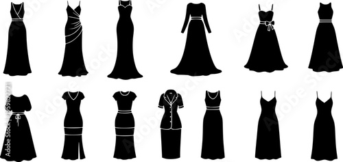 Collection of black silhouette icons of various women's dresses on white background