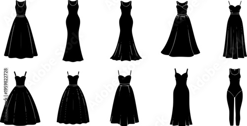 Collection of black silhouette icons of various women's dresses on white background