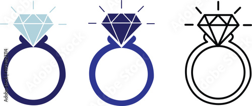 A set of diamond ring illustrations in different colors and line styles on a white background.