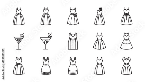 A collection of line drawings of dresses and cocktails