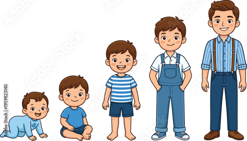 Boy growing stages from baby to adult male character evolution cartoon vector illustration showing childhood development and life cycle concept