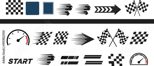 Large collection of racing design elements featuring checkered flags speedometers arrows and motion blur lines isolated on white background for automotive sports