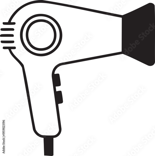 3D electric hair dryer and comb vector illustration featuring a black power cable and plug as a professional hair styling tool object