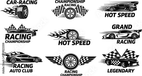 Set of black and white automotive racing logos and emblems featuring supercars checkered flags flaming tires and speed typography for motor sports