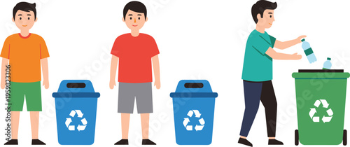 People recycling plastic waste with bins cartoon vector illustration showing environmental protection and eco friendly lifestyle concept