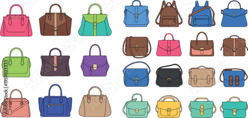 Stylish Handbags and Bags Set in Various Colors and Designs for Fashion Accessories in Vector Illustration Style