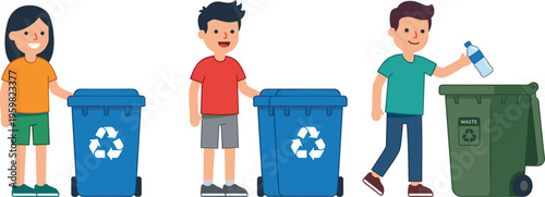 People recycling waste with bins and plastic bottles environmental protection concept cartoon vector illustration for sustainability and eco friendly lifestyle design