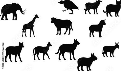 Collection of twelve black vector silhouettes featuring diverse wild farm and domestic animals including elephant giraffe cow and cat isolated on white background