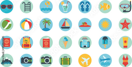 Summer Vacation and Travel Icon Set with Beach, Water Activities, Luggage, and Fun Vacation Essentials in Vector Style