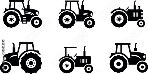 Tractor Silhouettes Set in Different Angles and Styles for Agricultural Equipment in Black and White