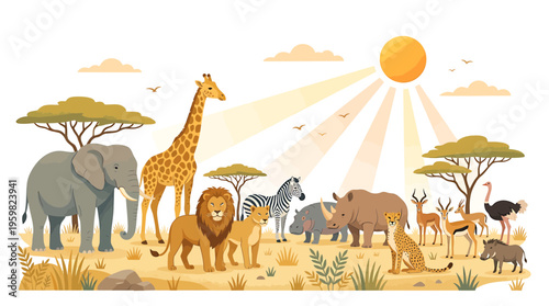 African Safari Animals in Sunny Savannah Landscape