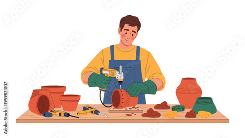 Pottery Craftsmanship: A focused individual skillfully sculpts clay with expert precision, surrounded by the tools of the trade and the fruits of his labor.